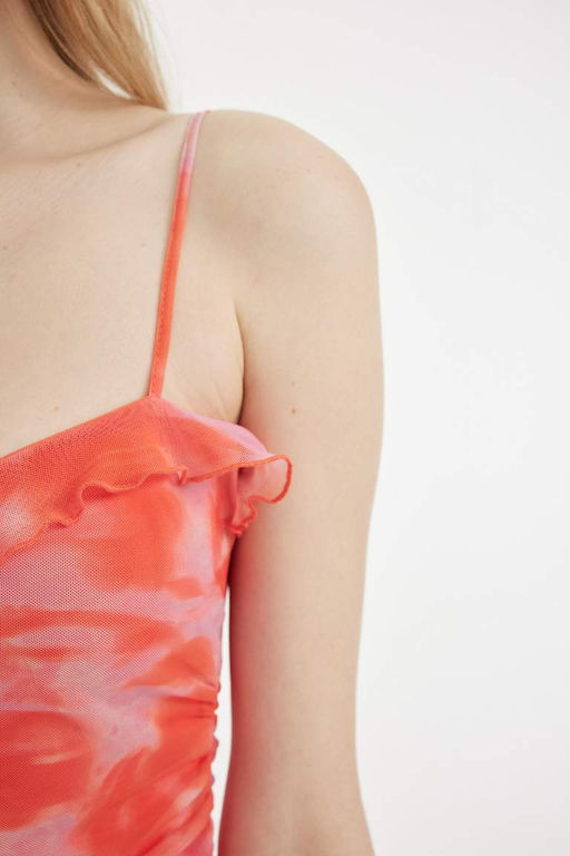 Облегающее мини-платье из тюля с узором на бретелях - Defacto фото 6