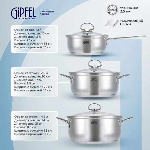 0618 GIPFEL Набор посуды SOFIA 6 пр. (ковш 16х8 см/1 л, кастрюля 20х10 см/2,2 л, кастрюля 24х12 см/4 л) с индукционным капсульным дном. Материал: нержавеющая сталь 18/10. Толщина: 0,5мм