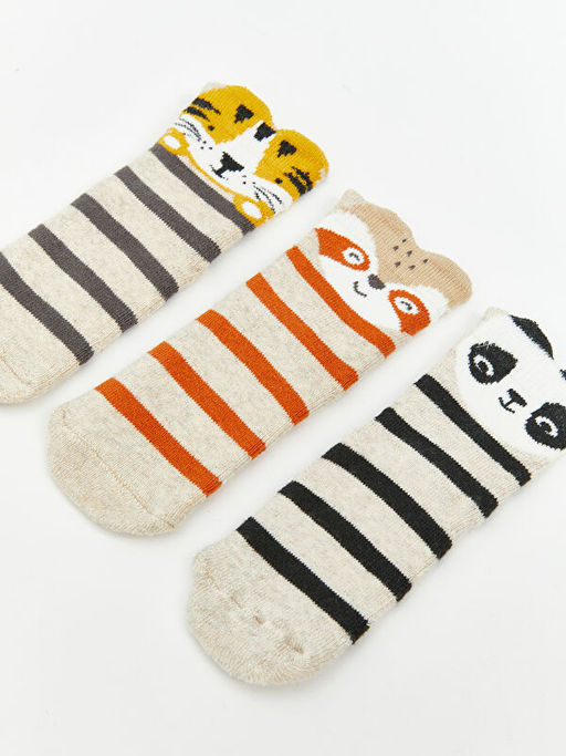 Bask?l? Erkek ?ocuk Havlu Soket ?orap 3l?