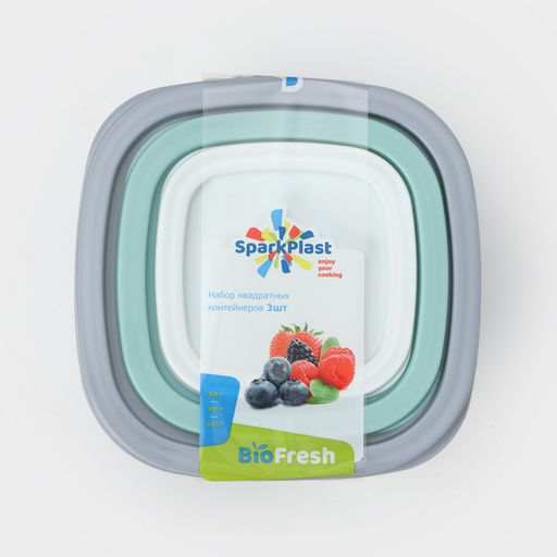 Набор контейнеров квадратных SparkPlast BioFresh, 3 шт.: 0.23 л, 0.5 л, 0.9 л, прозрачный, крышка МИКС