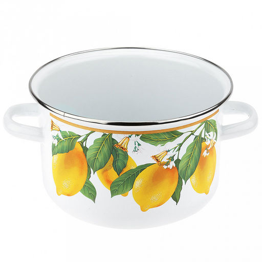 "Цитрон" Кастрюля эмалированная 4л, д22см, h13см, цилиндрическая форма, металлическая крышка, ободок из нержавеющей стали, белый (Россия)