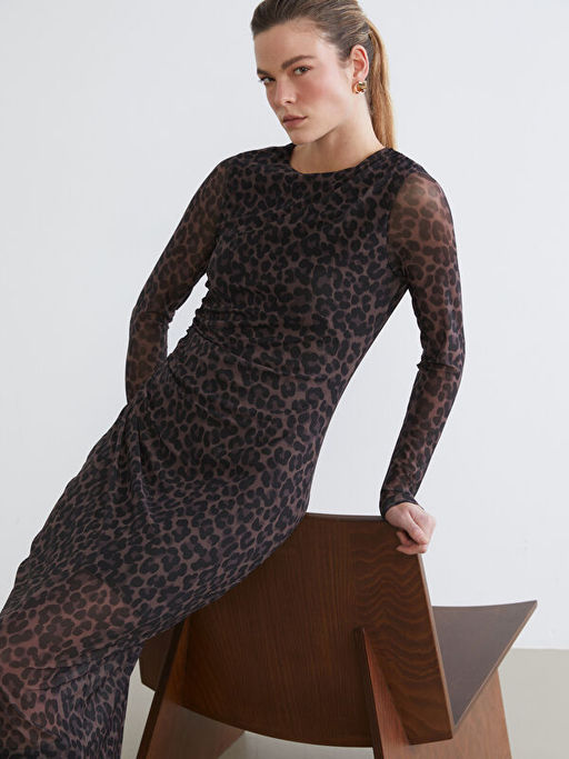 Bisiklet Yaka Leopar Desenli B?zg?l? Elbise
