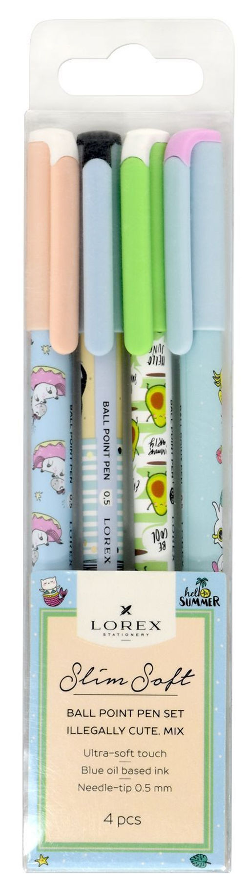 Набор шариковых ручек LOREX ILLEGALLY CUTE. MIX SLIM SOFT синие, 1 цвет, 0,5 мм, 4 шт, кру...
