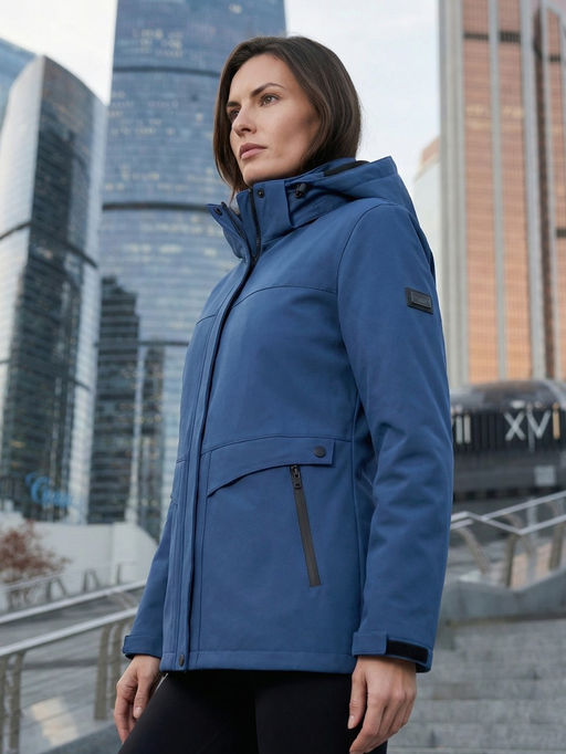 Ветровка женская софтшелл виндстоппер с капюшоном спортивная темно-синего цвета 9616_1TS - Valianly фото 79