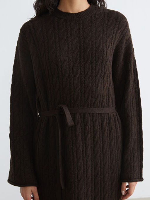 Bisiklet Yaka Kendinden Desenli Ku?akl? Triko Elbise