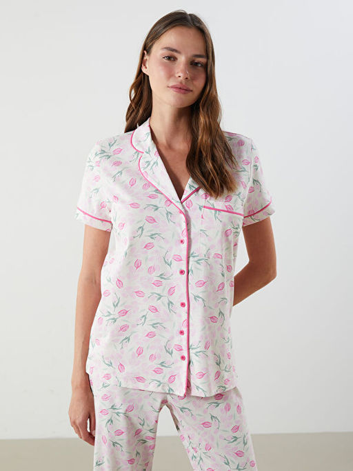 G?mlek Yaka ?i?ekli Kad?n Pijama Tak?m