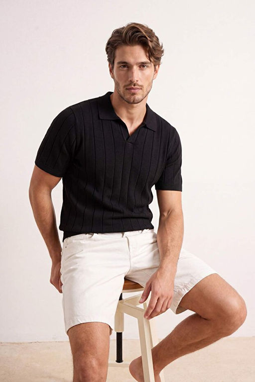 Siyah Regular/Normal Kesim _izgi Dokulu Triko Polo Yaka T-shirt TMNSS26PO00042 - Trendyolmilla фото 2