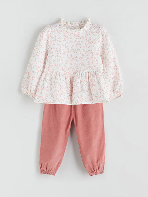 Bisiklet Yaka ?i?ekli K?z Bebek Bluz ve Pantolon 2li
