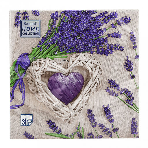 Салфетки бумажные "Bouquet Home Collection Classic" 33х33см, 3-х слойные, 20 штук в упаковке, 100% целлюлоза, "Лаванда и сердце" (Россия)