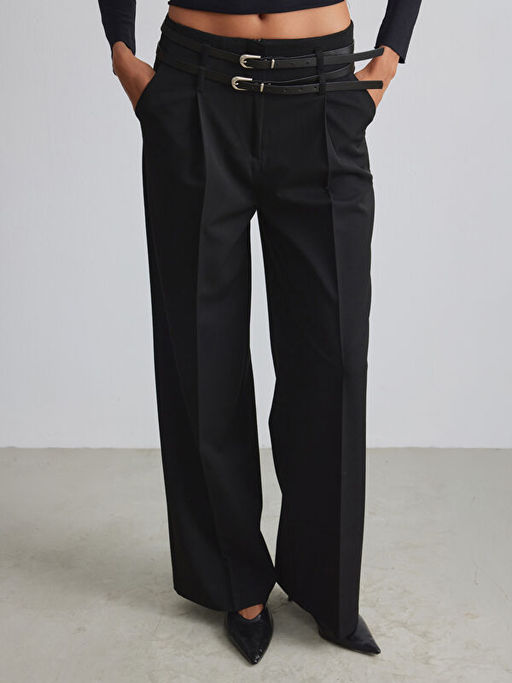 Beli Kemerli Geni? Pa?a Kad?n Pileli Pantolon