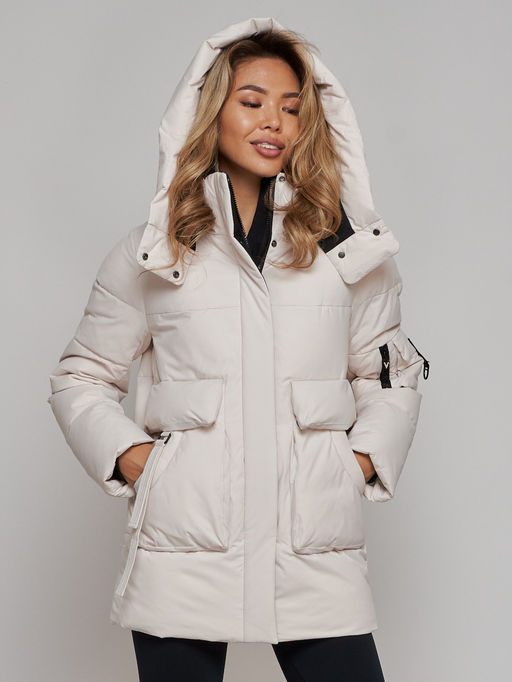 Зимняя женская куртка модная с капюшоном бежевого цвета 589827B - RoccaManer фото 12