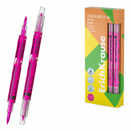 АКЦИЯ Цена за 12 шт. Двухсторонний текстмаркер ErichKrause Visioline V-16 Brush Neon, цвет чернил желтый (в коробке по 12 шт.)  фото 3