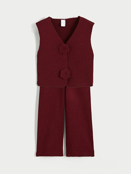 ?i?ekli K?z ?ocuk Triko Yelek ve Pantolon