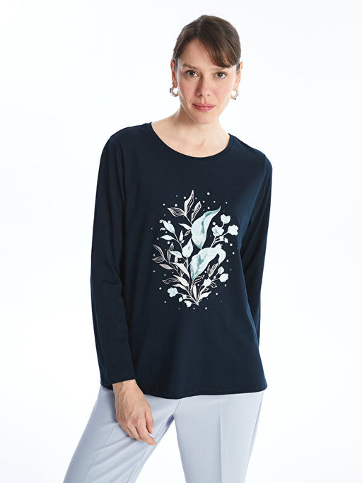 Bisiklet Yaka Bask?l? Uzun Kollu Kad?n Ti??rt