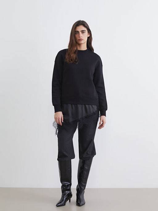 Dantel Detayl? Oversize Kad?n Kal?n Sweatshirt