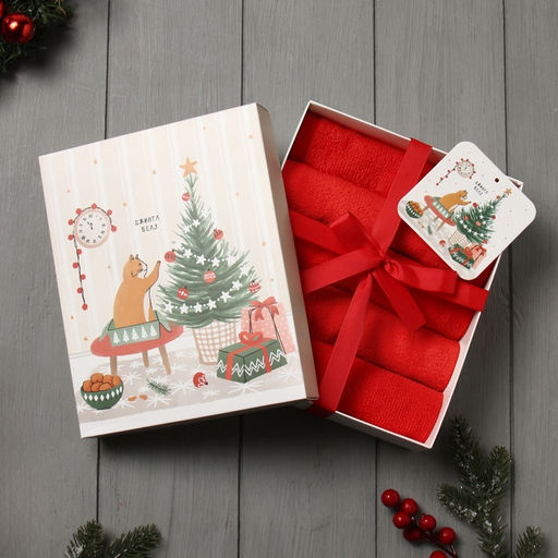 Махровые полотенца Этель. Джингл белз, 30?30 см - 5 шт., хлопок 100%, красный