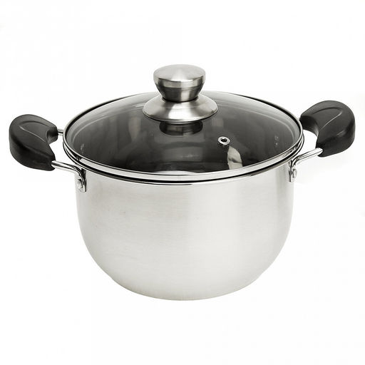 "Прима" Набор кастрюль из нержавеющей стали 5 штук: д16см h10см 1,5л; д18,5см h10,3см 2л; д20см h11,5см 2,6л; д21,5см h12,5см 3,6л; д23,5см h13см 4,6л, s0,65мм, крышки стеклянные, серого цвета, ручки-кнопки нержавеющая сталь, пластмассовые ручки, без