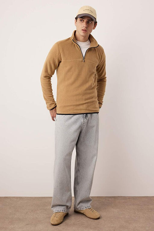 Camel Regular/Normal Kesim Dik Yaka Fermuarl_ Diki_ Detayl_ Polar Sweatshirt TMNAW26SW00036 - Trendyolmilla фото 2