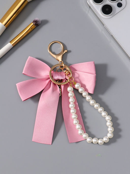 Брелок для ключей на карабине «Двойной бант с жемчугом и подвеской», на сумку, рюкзак, розово-белый 13×8.5×1 см
