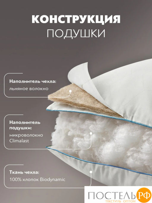Подушка стеганая PRIME PRIVE LINEN хл.BIODYNAMIC COTTON/лен.вол./микровол.CLIMALAST  фото 5