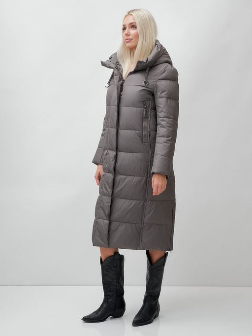 Пальто утепленное стеганное зимнее с капюшоном женское темно-серого цвета 9606TC