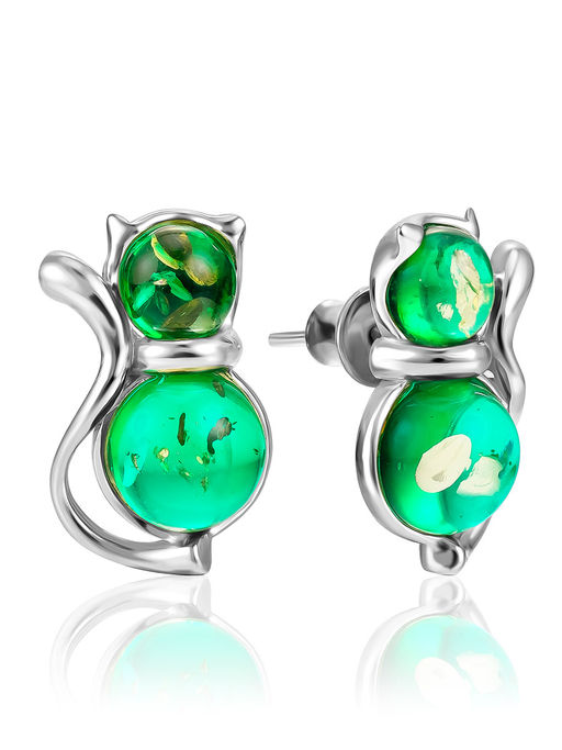 Необычные серьги с янтарём изумрудного оттенка Кошечка