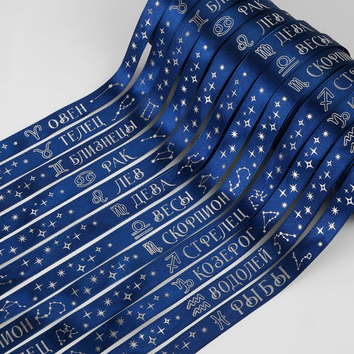 Лента атласная с тиснением Телец, 15 мм, 18 1 м, цвет тёмно-синий/серебряный №131 - Арт узор фото 2