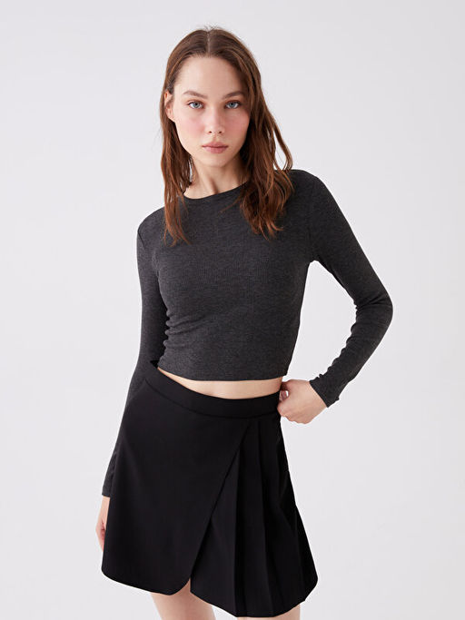 Bisiklet Yaka D?z Uzun Kollu Kad?n Crop