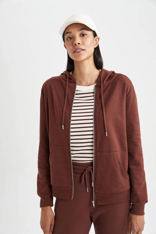 Базовая толстовка на молнии с капюшоном обычного кроя - Defacto фото 4