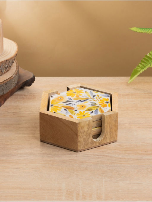 Подставка под горячее «Желтые и синие цветы», набор 4 шт., 15×13×5 см, дерево манго