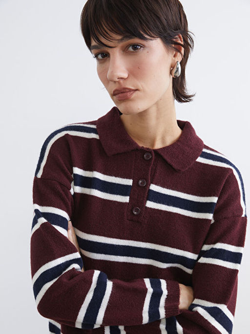 Polo Yaka ?izgili Kad?n Triko Kazak