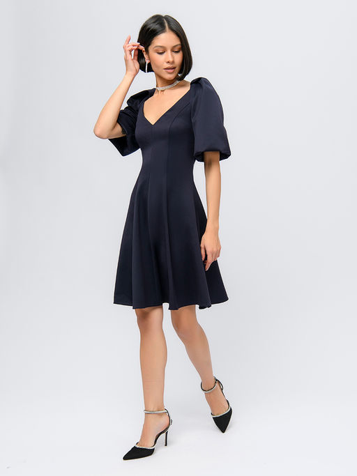Платье синего цвета длины мини с объемными рукавами - 1001dress фото 2