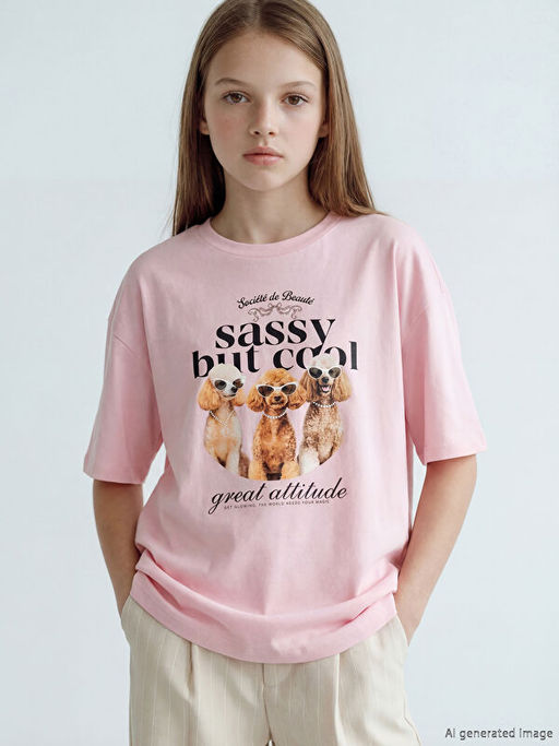 Bisiklet Yaka Bask?l? K?z ?ocuk Ti??rt