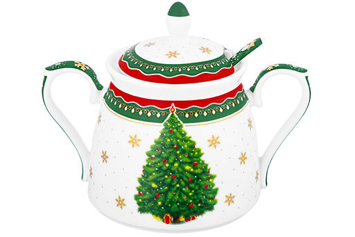 Сахарница 450 мл 15*10*11,5 см Новогодняя елка зеленый узор + ложка, NEW BONE CHINA