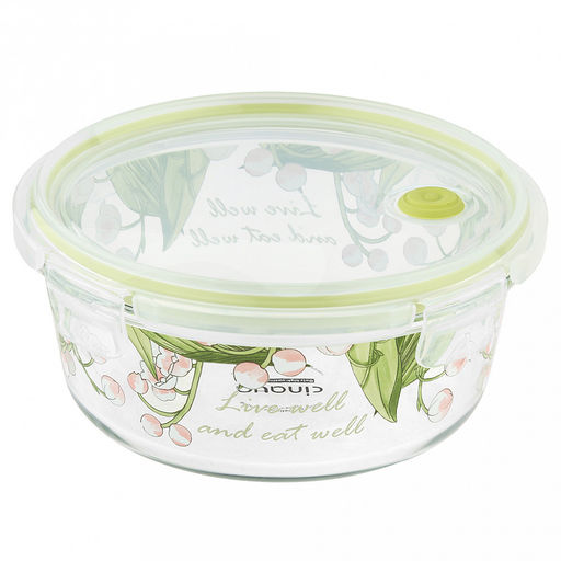 Контейнер стеклянный Ландыши 900мл, д17см h6,6см, боросиликатное стекло, с деколью, круглый, пластмассовая крышка с пароотводом, герметичная, с клипсами, с силиконовым уплотнителем (Китай) - Домашняя Мода фото 4