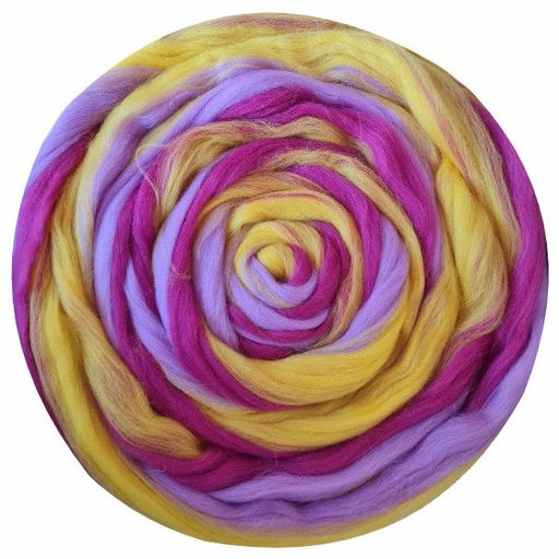 Шерсть для валяния ТРО Гребенная лента (100%полутонкая шерсть) 100г цв.1509 мультиколор (жёлтый, св.фиалка, т.цикламен)