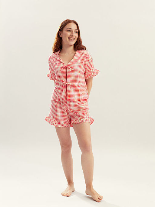Petite V Yaka Ekose Kad?n ?ortlu Pijama Tak?m?