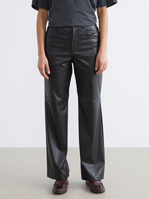 Regular Fit Deri G?r?n?ml? Kad?n Pantolon