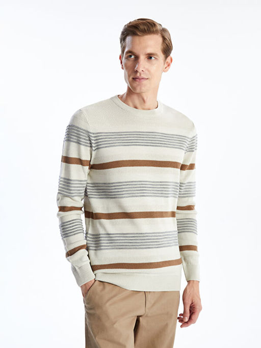 Bisiklet Yaka Uzun Kollu ?izgili Erkek Triko Kazak