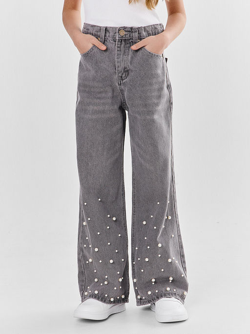 Джинсы для девочек серые с декоративными бусинами - Mark formelle фото 2