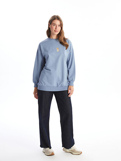 Bisiklet Yaka Bask?l? Kad?n Sweatshirt Tunik