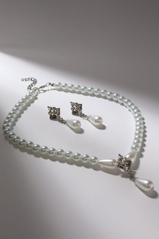 Набор 2 предмета: серьги, колье Антуанетта гранж, цвет белый в серебре, 40 см