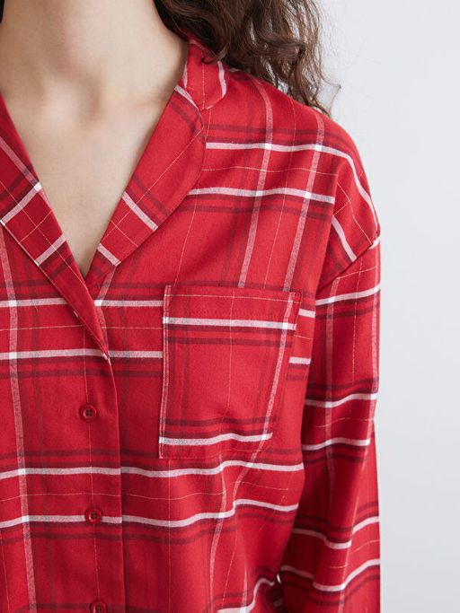 G?mlek Yaka Ekose Kad?n Pijama ?st?