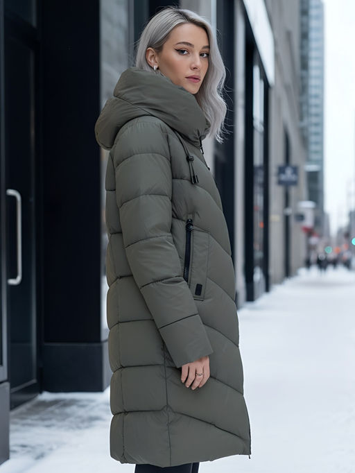 Пальто зимнее утепленное с капюшоном женское цвета хаки 1318Kh