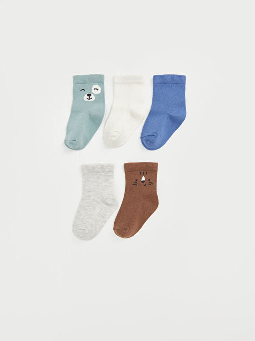 Bask?l? Erkek Bebek Soket ?orap 5li