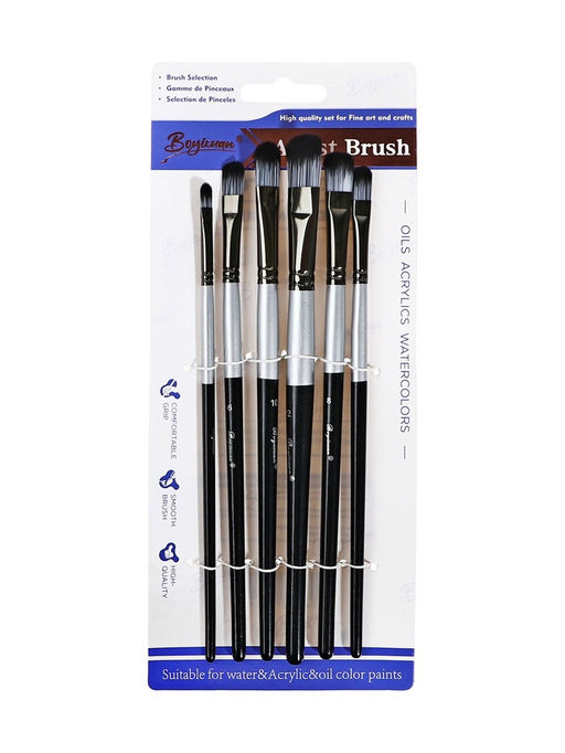 Набор кистей для рисования, синтетика, 6 штук: № 2, 4, 6, 8, 10, 12, плоские, закругленные, чёрно - серые, международный размер