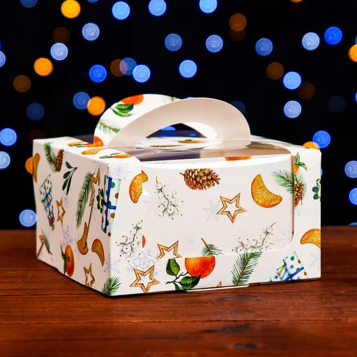 Коробка под бенто-торт с окном Мандарины и звезды, 14 х 14 х 8 см - UPAK LAND фото 15