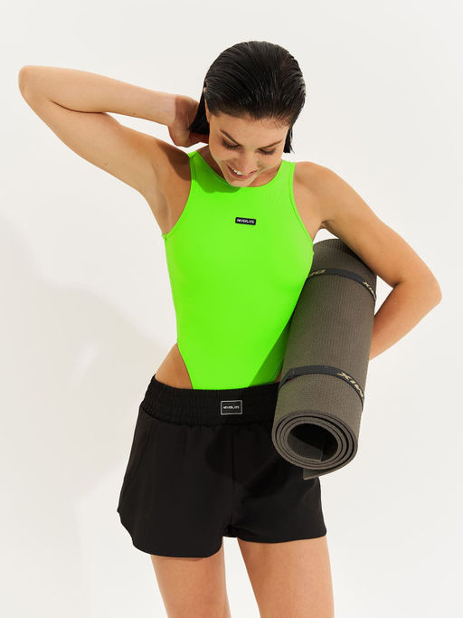 Женское боди прилегающего силуэта с завышенной посадкой неонового салатового цвета - Eazyway фото 4