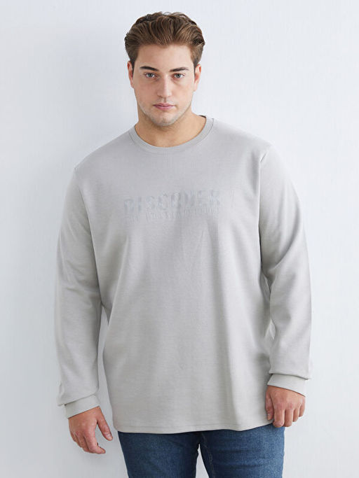 B?y?k Beden Bisiklet Yaka Bask?l? Erkek Sweatshirt