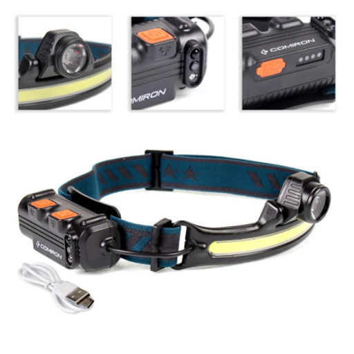 Фонарь налобный спортивный COMIRON OHEAD корпус ABS, IPX5 свет COB 400lm аккум 18650 3.7V 2000 mAh, USB Type-C; индикатор КРАСНЫЙ ава /уп 50/100/